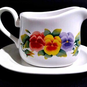 Vintage Corelle Gravy Boat and Drip Tray Pansy Pattern